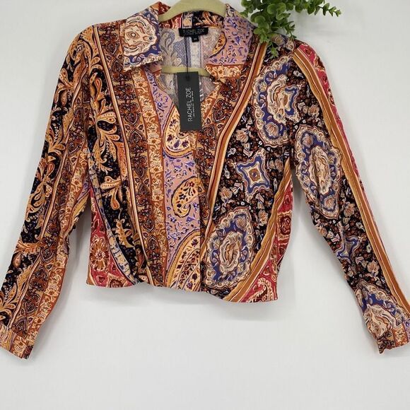 Rachel Zoe Boho Cropped Wrap Top Collared Multi XS New - Picture 1 of 12